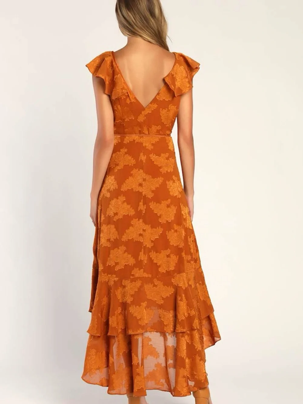 Lulus Adorable Aura Burnt Orange Floral Burnout High Low Wrap Dress Like New